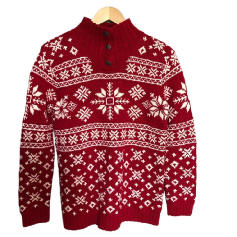 Vintage Cottagecore Red Chunky Knit Festive Snowflake Turtleneck Sweater Small